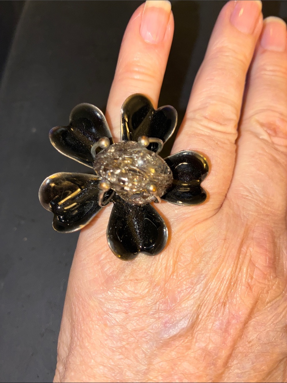 Black Floral Statement Adjustable Ring with Crystal Accent
